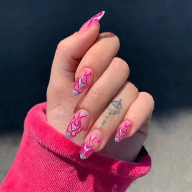 24pcs Pink Butterfly Pattern Fake Nails Full cover Fake Nails Glue DIY Manicure Nail Art Tools-Nail Inspo
