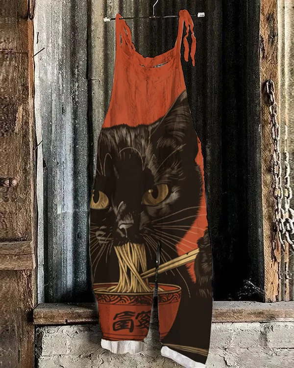Black Cat Eating Noodles Art Print Loose Jumpsuit