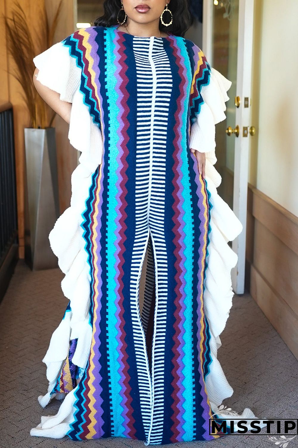 Blue Casual Print Patchwork Flounce Slit O Neck Straight Dresses