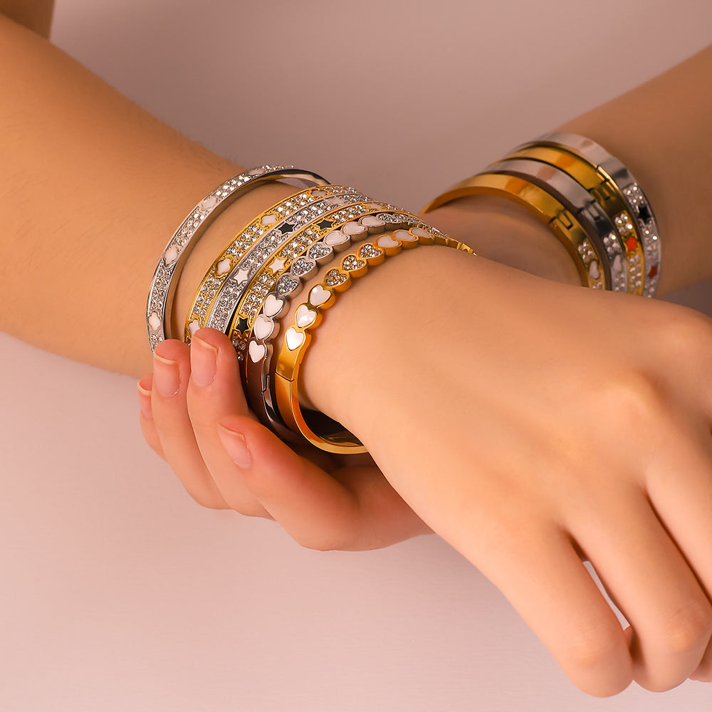 IG Style Pentagram Heart Tennis / Diamond Line Stainless Steel Electroplating Bangles