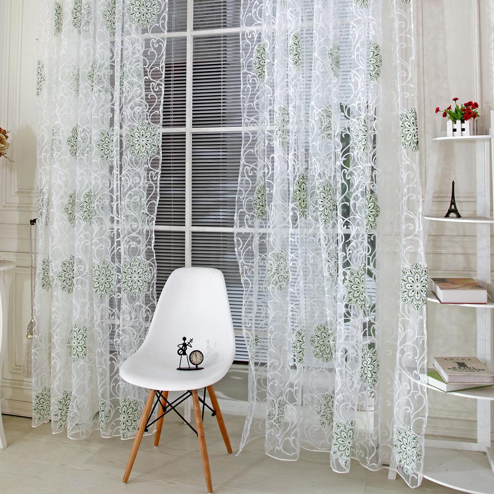 

Transparent Voile Flower Print Curtains Bedroom Window Door Curtain (Green, 绿色, 501 Original