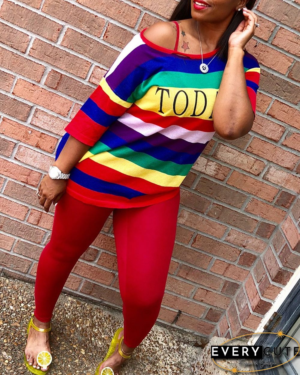 Striped Letter Print Top & Plain Pants Set