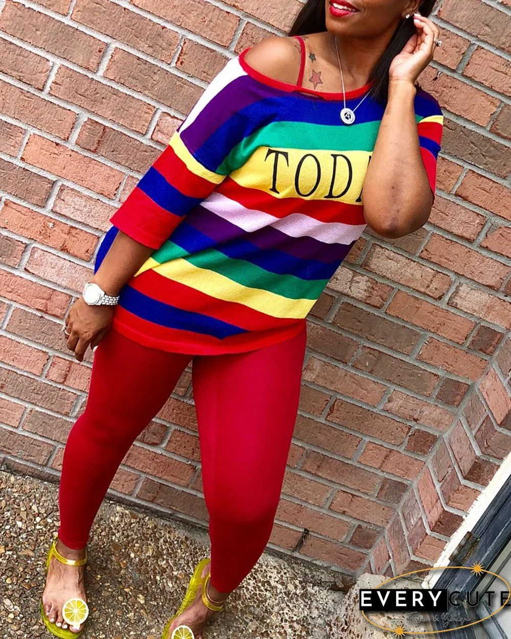 Striped Letter Print Top & Plain Pants Set