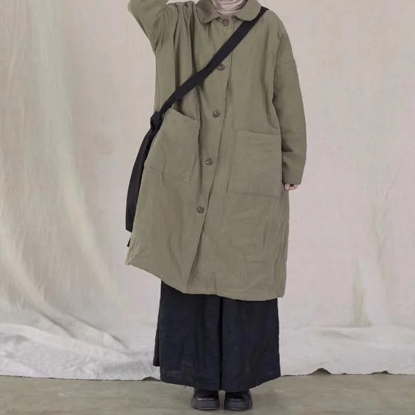 Women Vintage Cotton Linen Parkas Button Pockets Coats 2020 Autumn Solid Color Plus Size Parkas