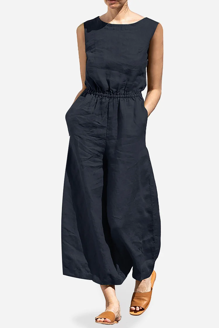 Round Neck Sleeveless Wide Leg Linen Jumpsuit