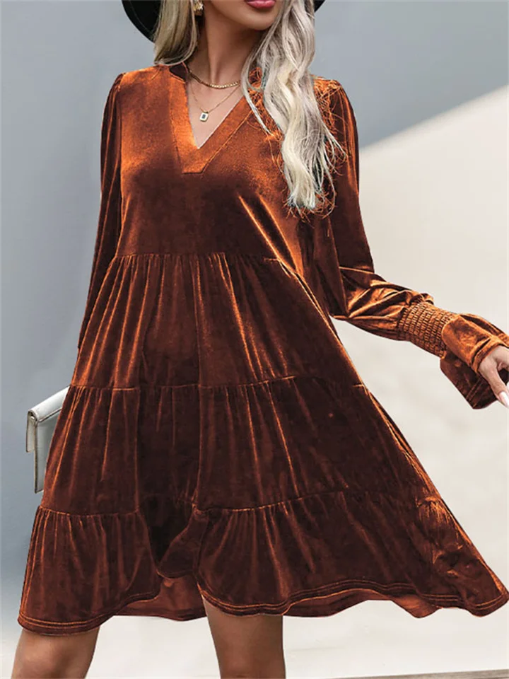 Autumn and Winter New Velvet Thickened Lantern Sleeve Street Pleated Long-sleeved Dresses for Women-JRSEE