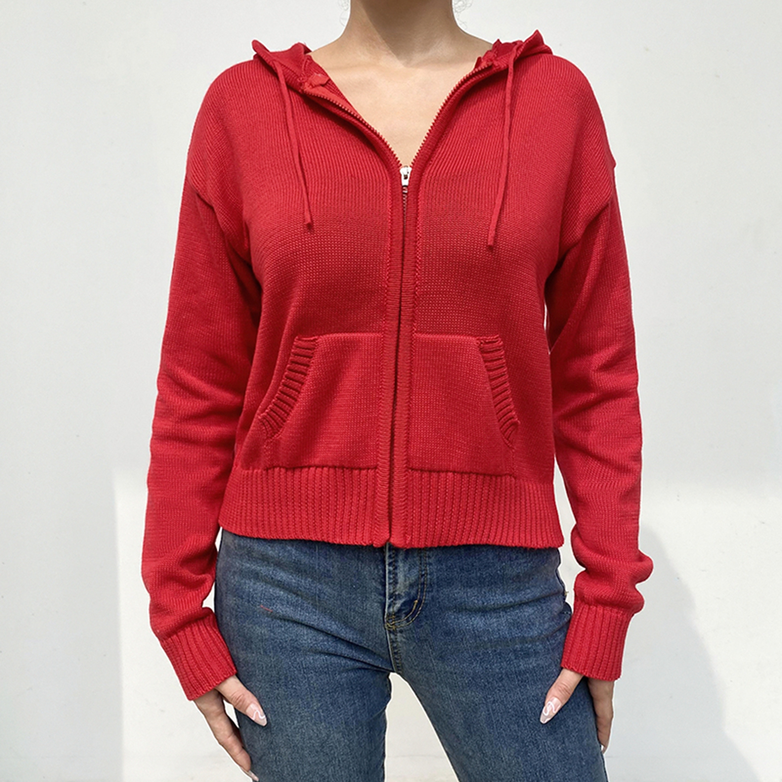 Vurtigorasn Women’s Knit Coat Zip Up Hooded Jacket Solid Color Long Sleeve Sweatshirt Autumn Casual Punk Gothic Grunge Y2K Tops Outerwear