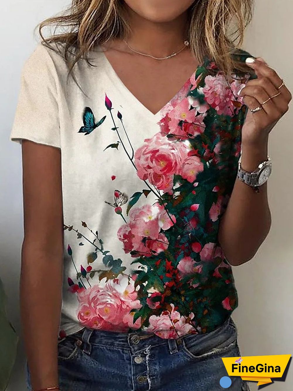 Women's Floral Printed Short Sleeve V-neck Top