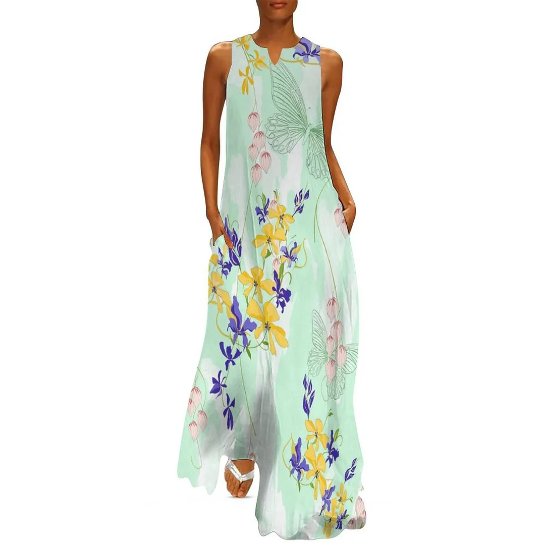 Style & Comfort for Mature Women Plus Size Printed Sleeveless Casual Women Maxi Dress with Pockets in Pattern Turquoise, Floral, Green