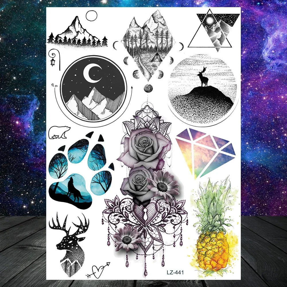 Realistic Fake Black Animal Temporary Tattoos Sticker For Men Women Geometric Wolf Outer Space Tatoo Temporary Decal For Kids