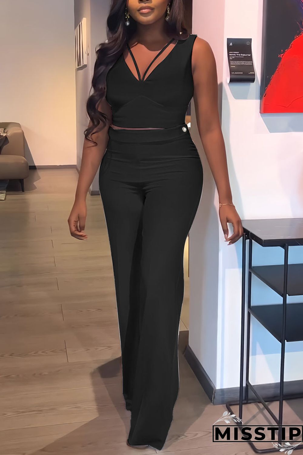 Black Casual Solid Patchwork V Neck Sleeveless Two Pieces