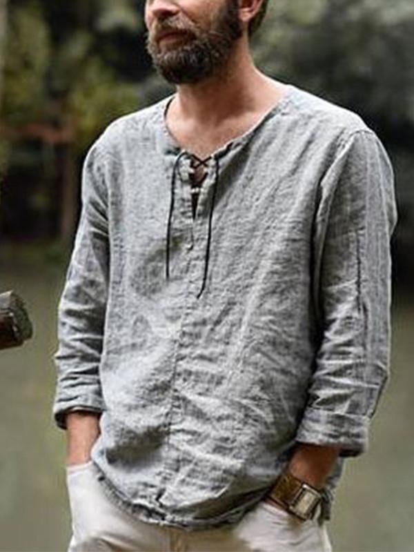 Long-sleeved T-shirt men's solid color trend cotton and linen top