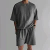 Men's Casual Loose-Fit Solid-Color Crewneck T-Shirt & Shorts Two-Piece Athletic Set by Inlyline