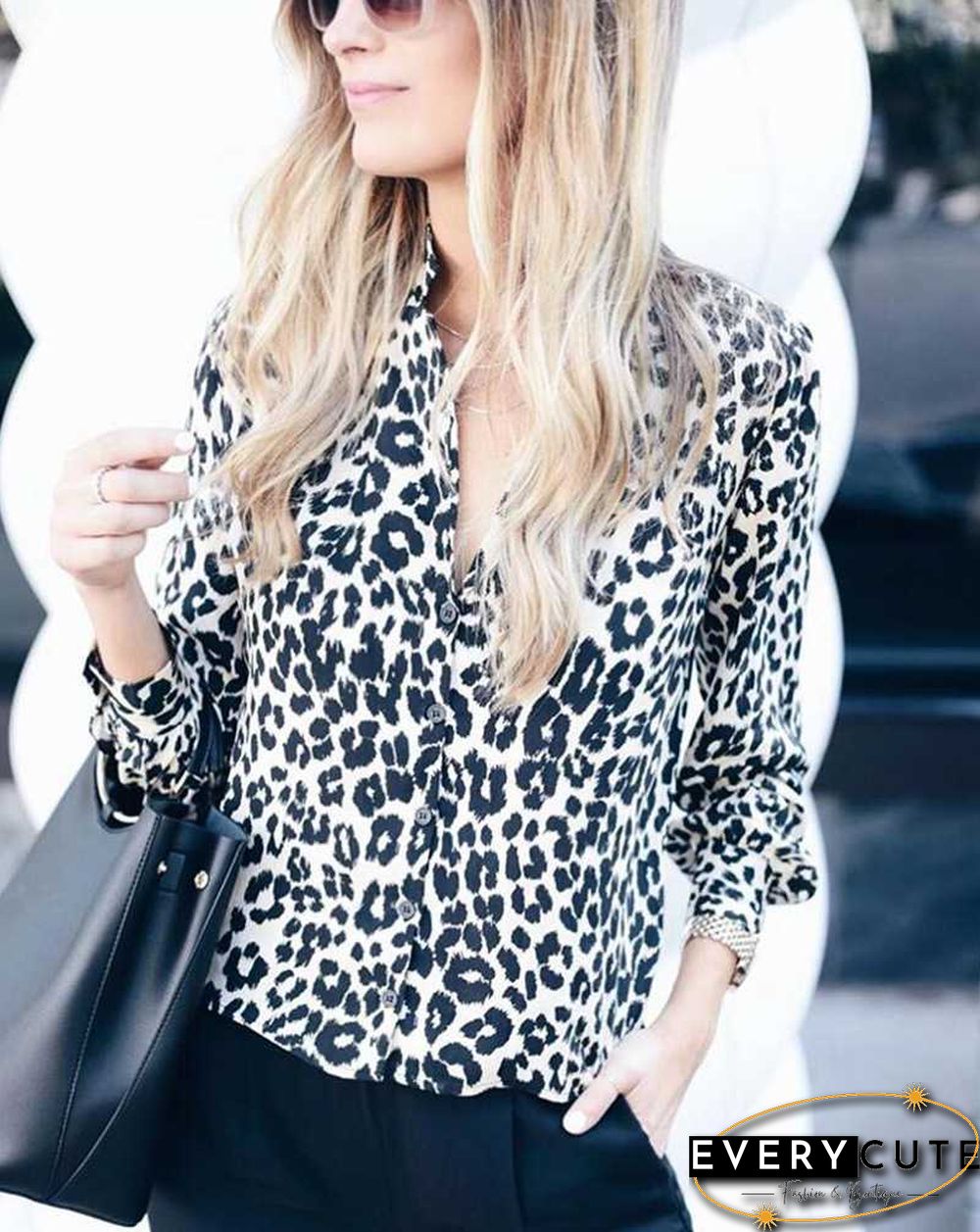 Oversized Retro Long Sleeve Leopard Print Button Up Shirt Womens