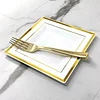 10 Pack | 7" Gold Trim White Plastic Square Dessert Plates, Disposable Appetizer Salad Plates