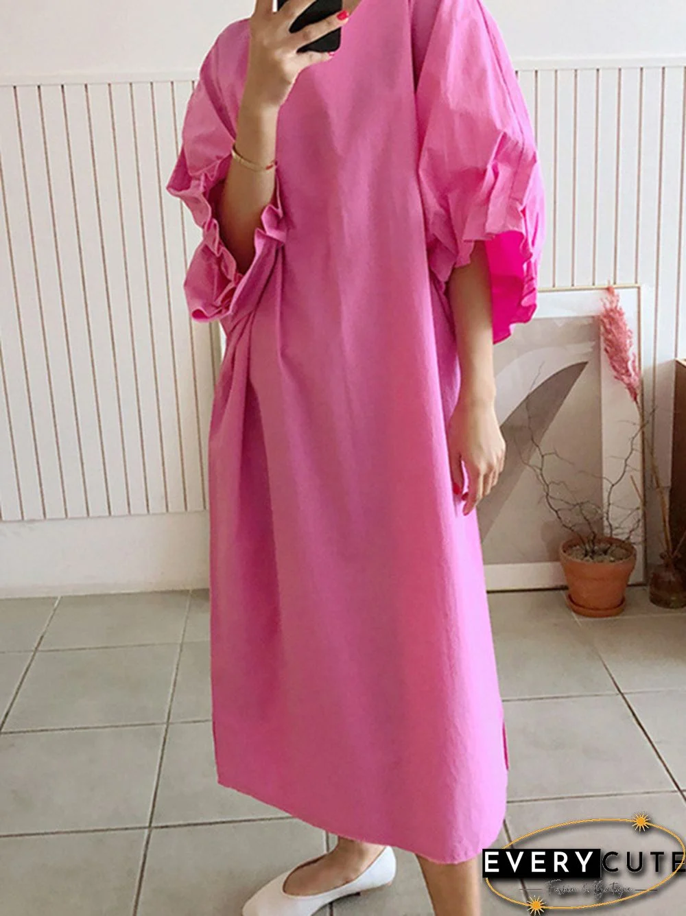 Causal Plus Size Pleated Raglan Sleeve V-Neck Midi Dress