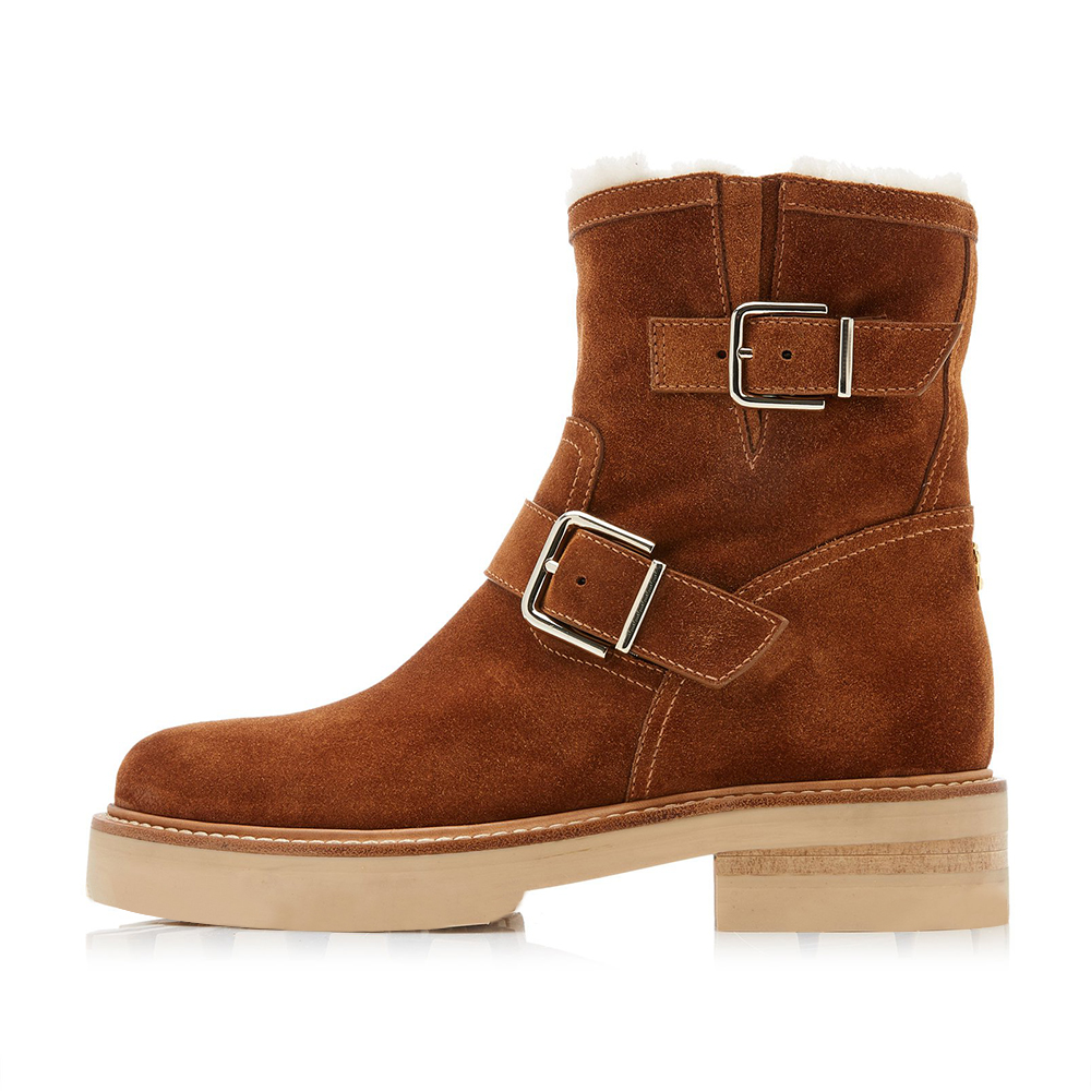 Brown Vegan Suede Buckle Strap Round Toe Low Heel Winter Boots Nicepairs
