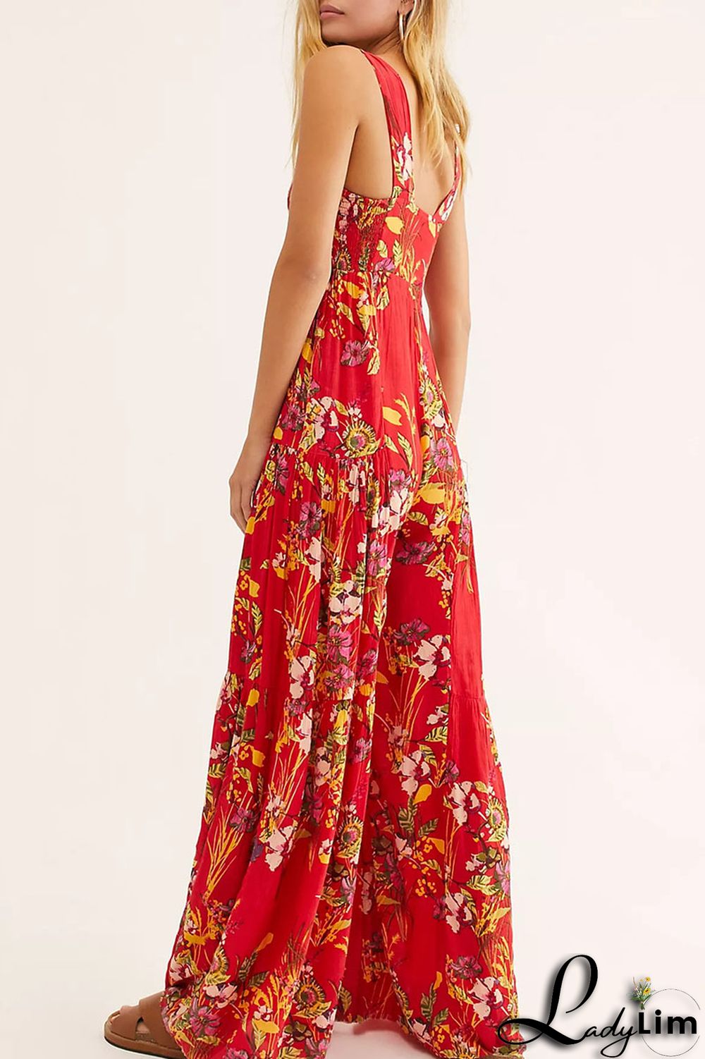 Burgundy Casual Print Split Joint Straight Jumpsuits