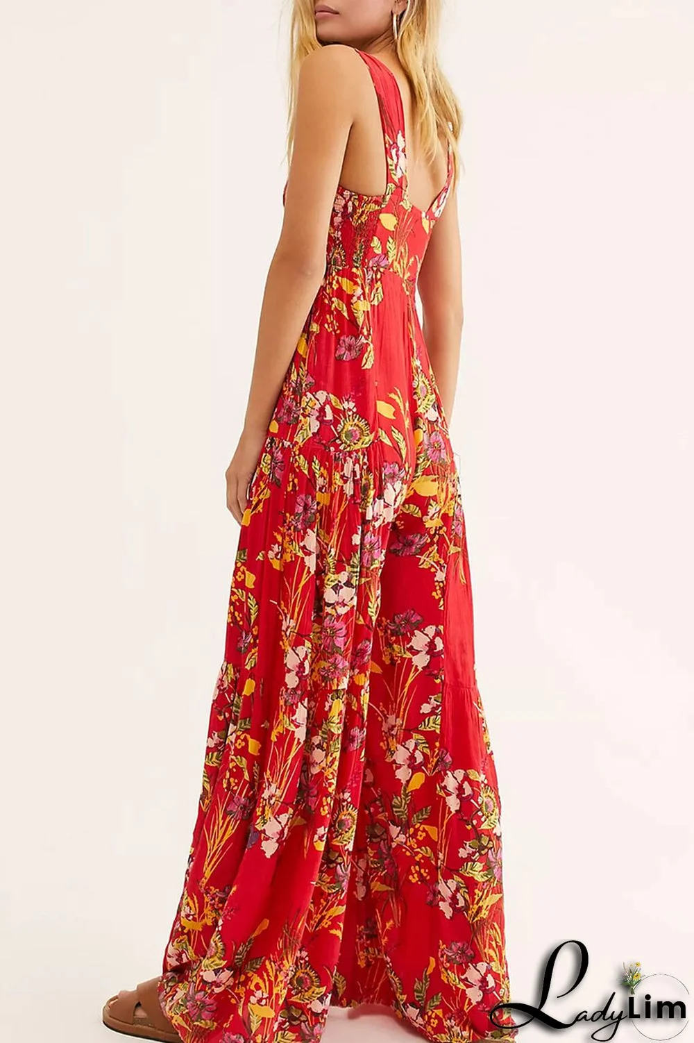 Burgundy Casual Print Split Joint Straight Jumpsuits