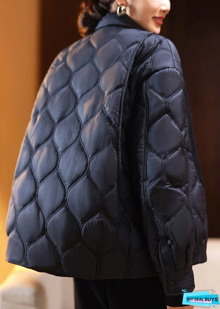 Women Black Button Pockets Cotton Filled Parka Long Sleeve