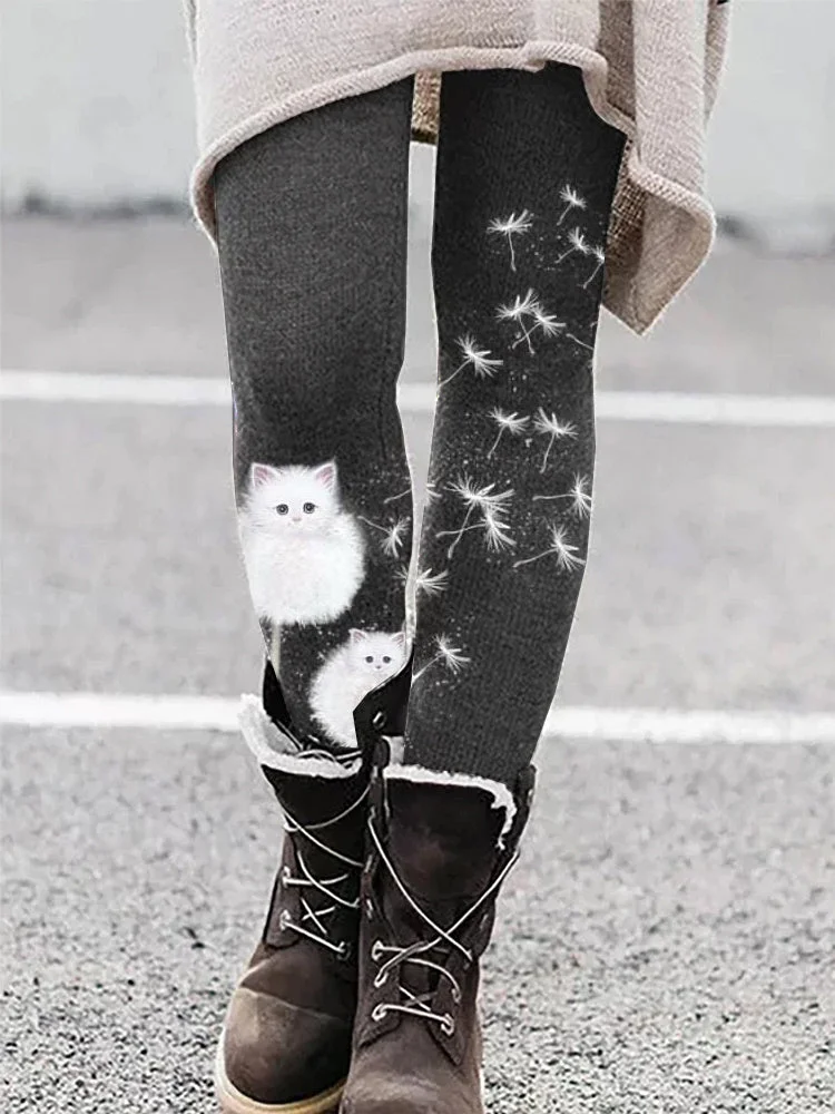 VChics Lovely Cats Dandelion Print Stretchy Leggings