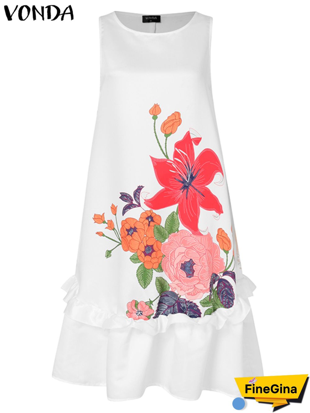 Women Elegant Midi Dress Summer Party Long Dresses VONDA Sexy Sleeveless Fashion Beach Floral Print Ruffled Tank Vestidos