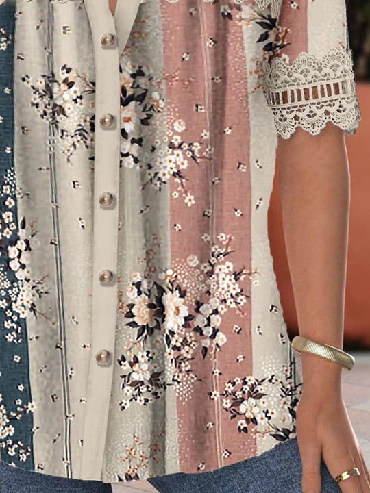 Women's Short Sleeve V-neck Lace Stitching Hollow Graphic Top