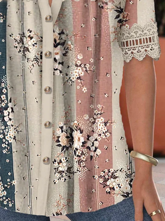 Women's Short Sleeve V-neck Lace Stitching Hollow Graphic Top