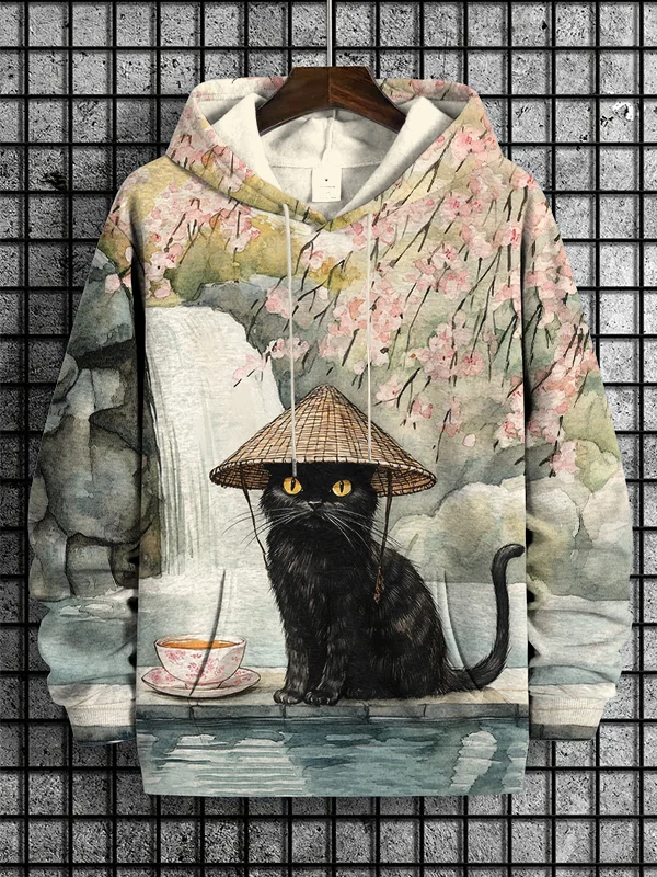 Men's Black Cat Tea Japanese Art Print Casual Hoodie