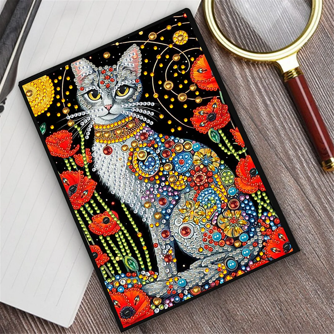 DIY Flower Diamond Painting Journals Notebooks 50 Pages A5 No Lines Special Shaped Diamond Art Kits for Beginners Craft Lovers and Artists (Cat and Flower)