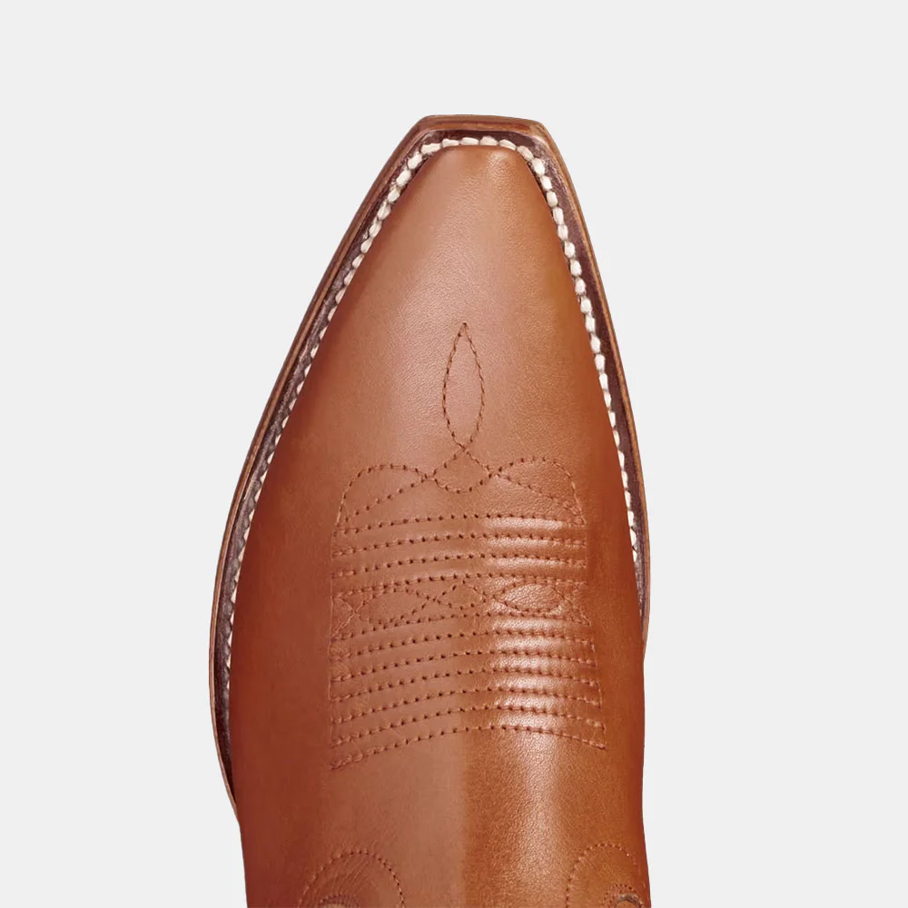 Brown Snip Toe Chunky Heel Stitching Mid Calf Western Boots for Women