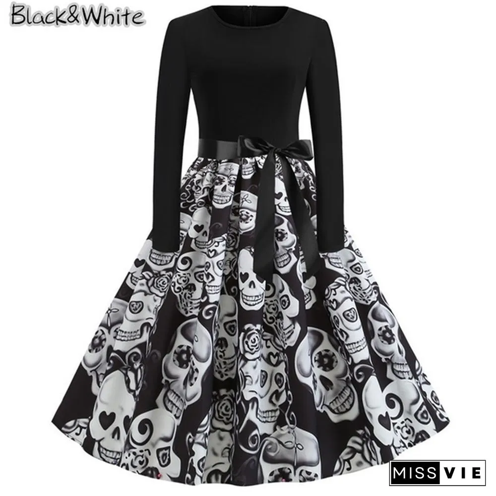 Fashion Women Christmas Swing Party Dress Printing Long sleeve Festival prom belt evening