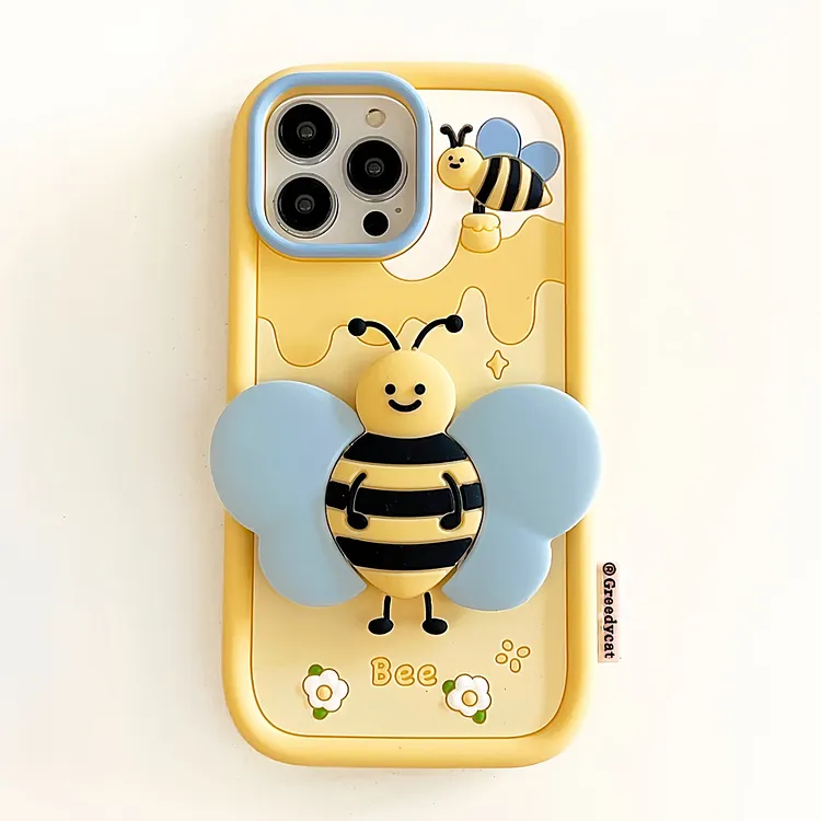 For iPhone 11 12 13 14 / Pro Max 3D Cute Cartoon Bee Soft Silicone Phone Case Back Cover Skin Shell with Wing Holder Stander