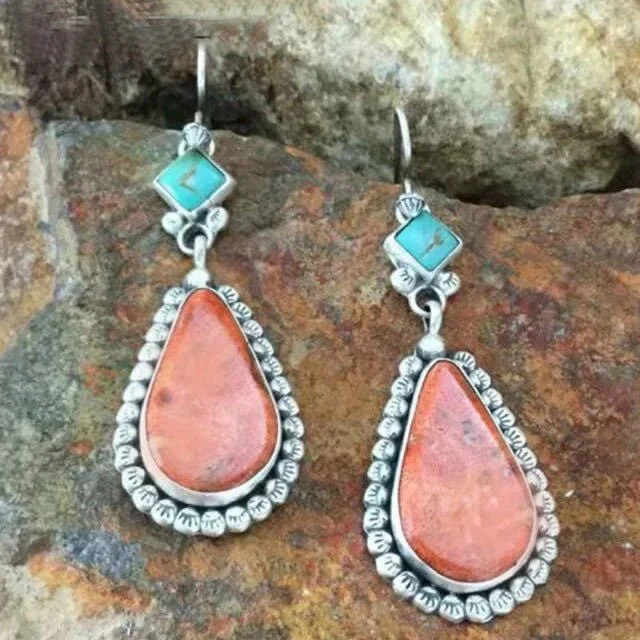 Xpoko Turquoise Water Drop Earrings For Women Big Pink Crystal Pendant Dangle Earrings Girls Vintage Boho Summer Trendy Jewelry