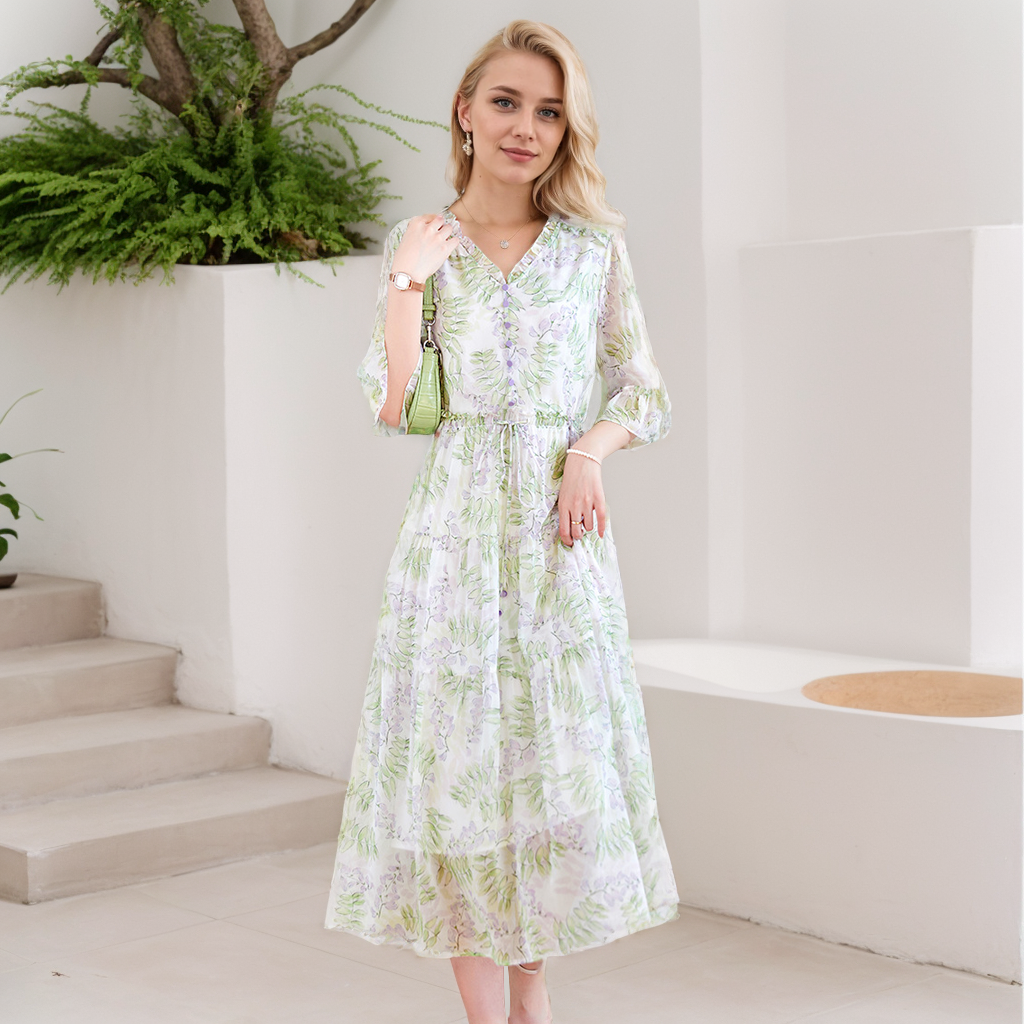 Silk Floral Print Dress Gentle For Vacation REAL SILK LIFE