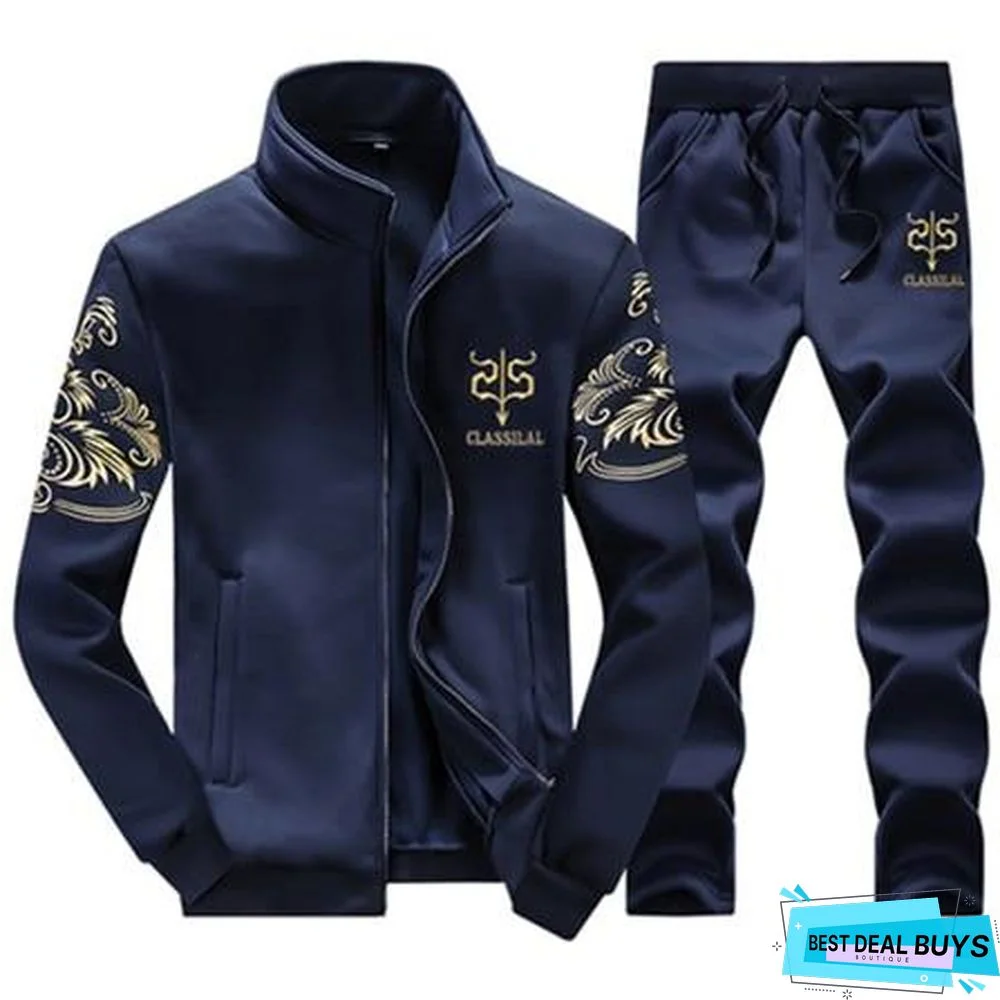 Men Fleece Warm Printed Coat Hooded Pullover Hoodie Sweatshirts Sweatpants Suit