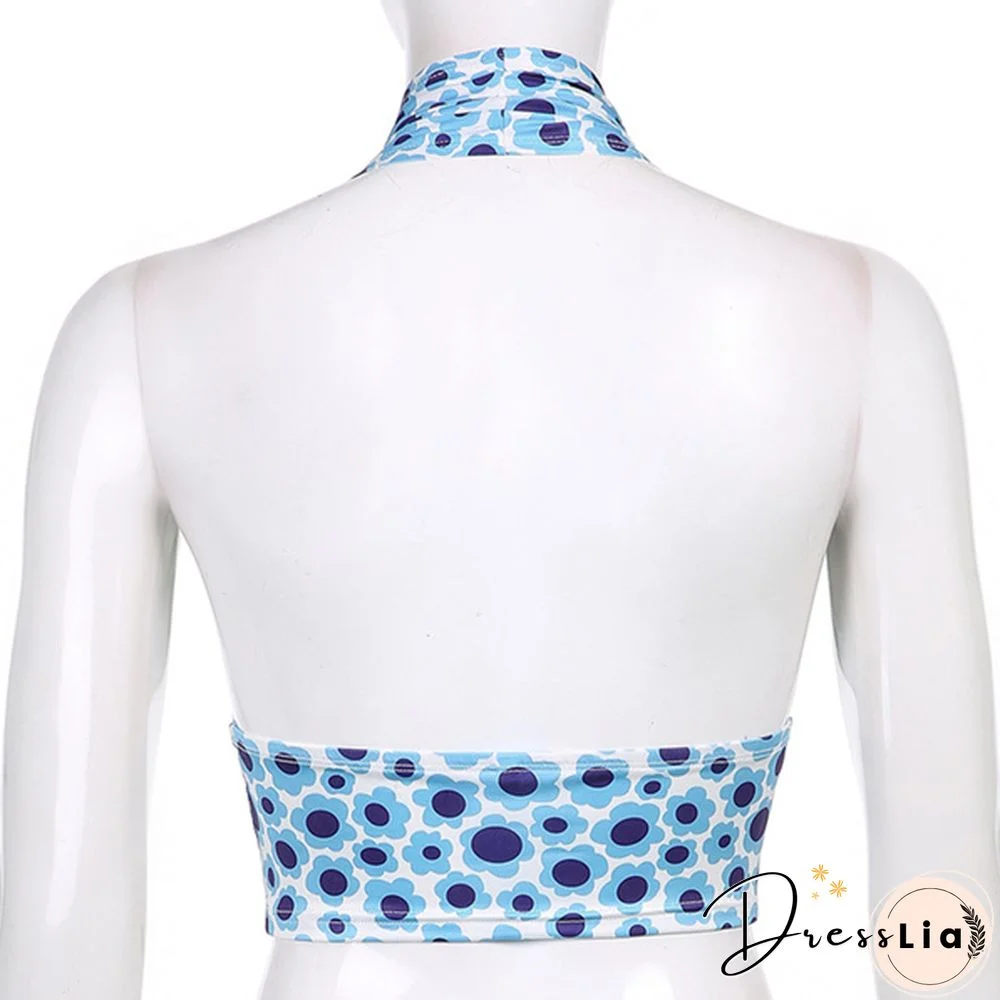 Women Halter Deep V Neck Sleeveless Crop Top Summer Holiday Fashion Floral Print Camisole Backless Vest