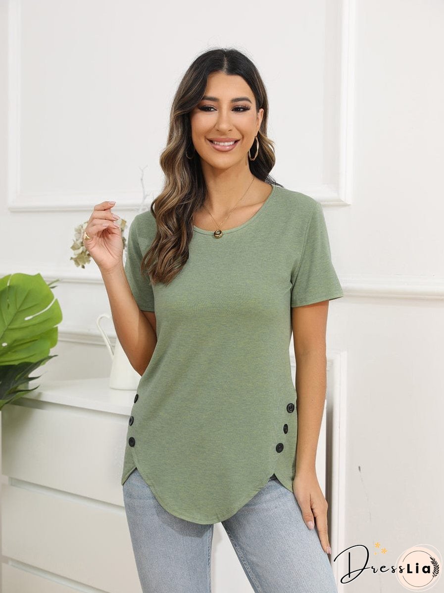 Irregular Button Short Sleeve Round Neck T-Shirt