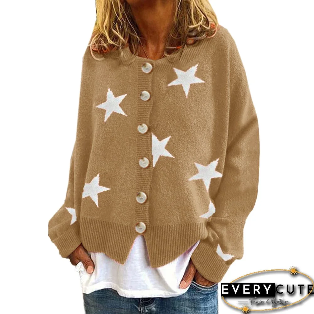 Khaki Stars Print Button-down Knitted Cardigan