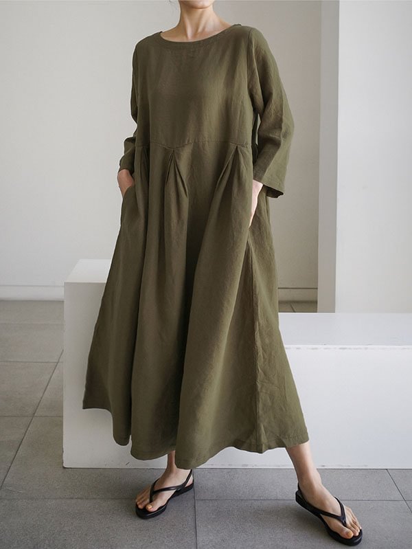 Urabn Solid Color Pleated Long Sleeve Loose Shirt Dress