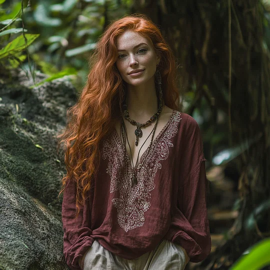 Bohemian Holiday Style Tribal Embroidery Print Cotton And Linen Blend Loose Blouse