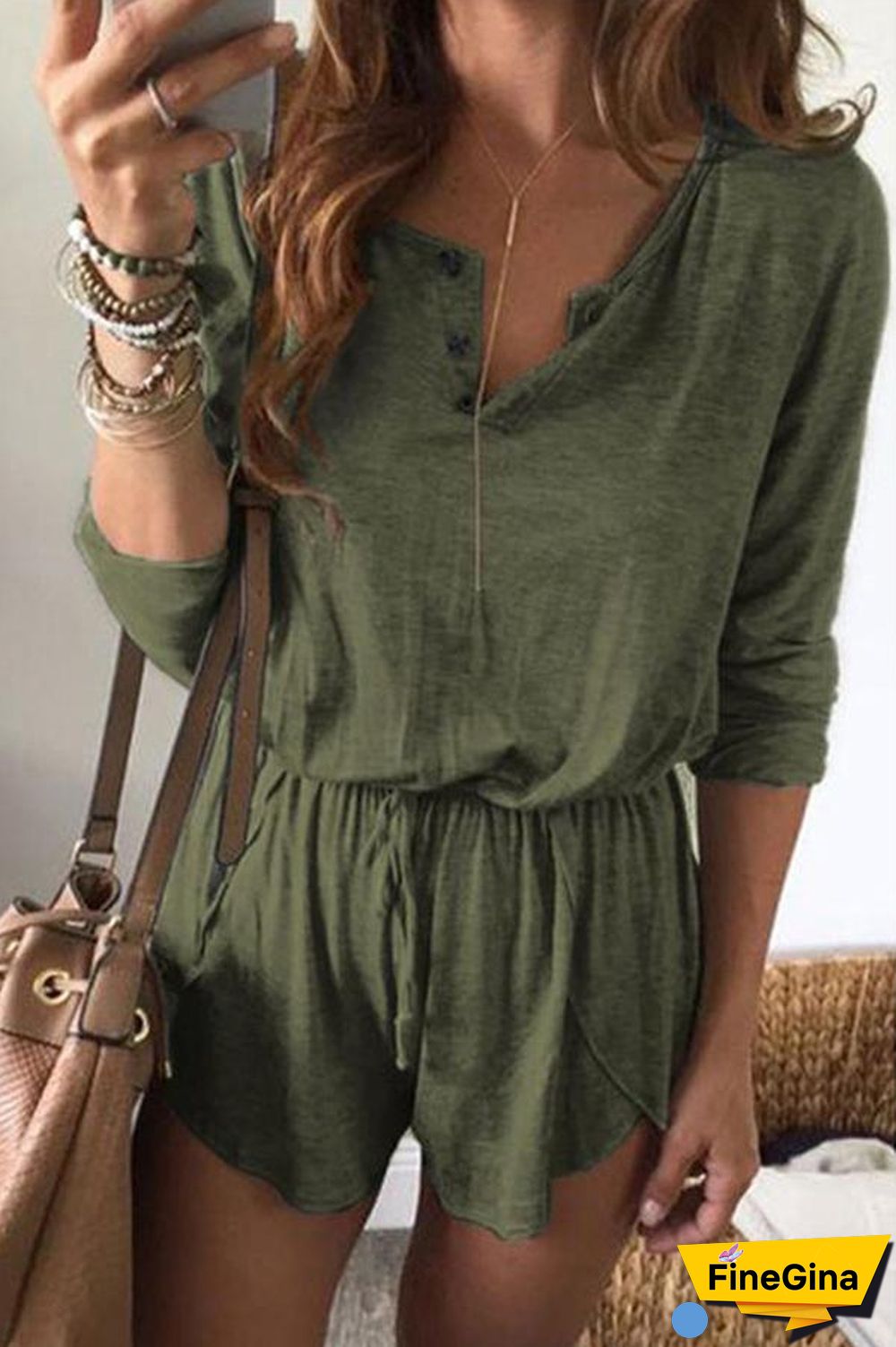 Solid Color Long Sleeve Tie Waist Romper P15011