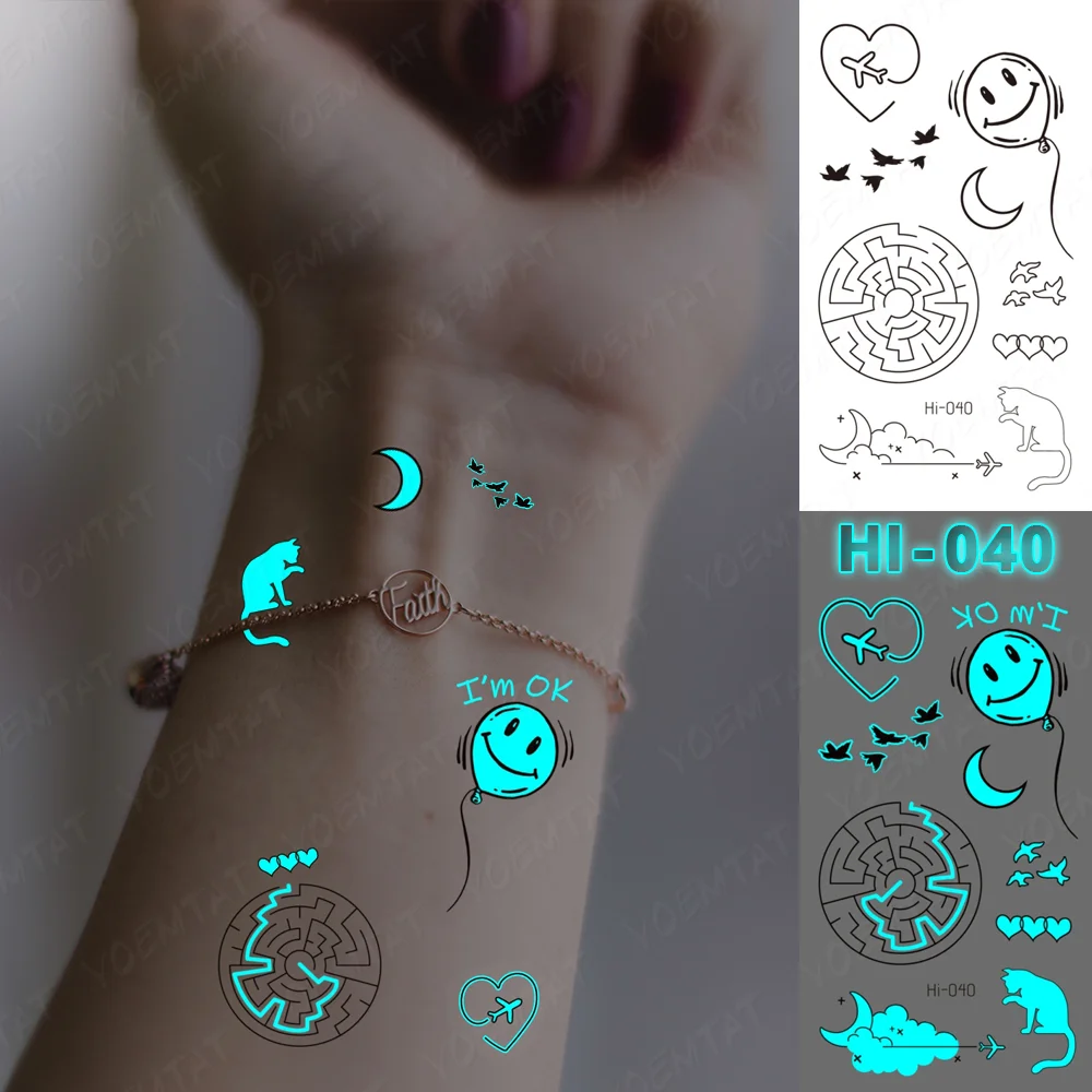 Sdrawing Luminous Glow Tattoo Sticker Pink Feather Waterproof Temporary Tatoo Butterfly Deer Wrist Fake Tatto For Body Art Women Men