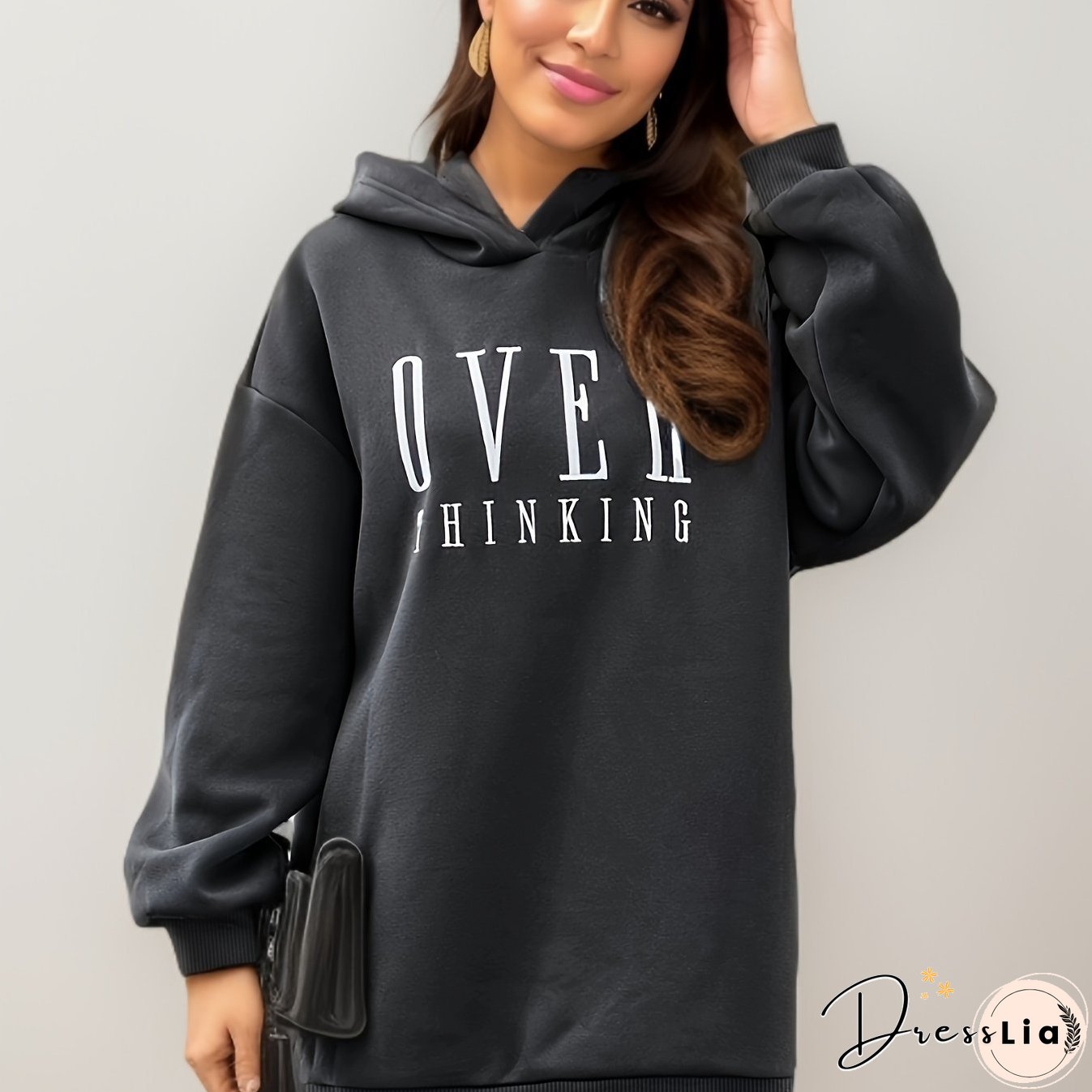 xieyinshe Letter Print Simple Hoodie, Casual Long Sleeve Drop Shoulder Hoodie, Women's Clothing