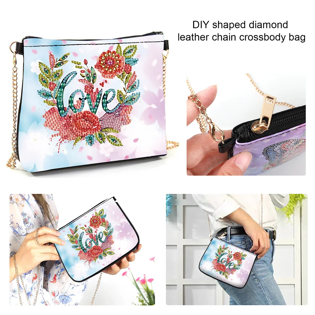 5D DIY Flower Love Diamond Painting Coin Chain Purse Diamond Handmade Crossbody Bag
