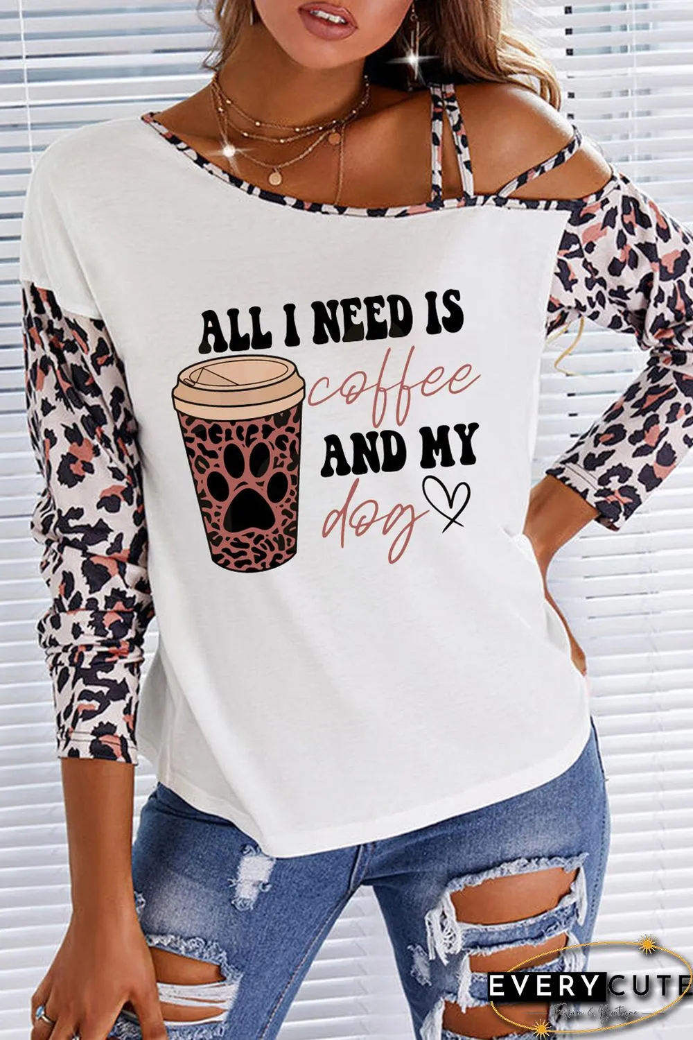 White Letter Coffee Cup Graphic Print Cut-out Leopard Long Sleeve Top