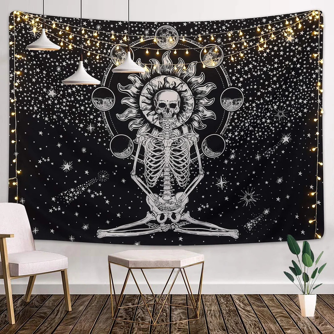 Hippie Mandala Skull Tapestry Wall Hanging Tarot Night Psychedelic Chakra Tapestry Moon World Map Landscape Wall Carpet Blanket