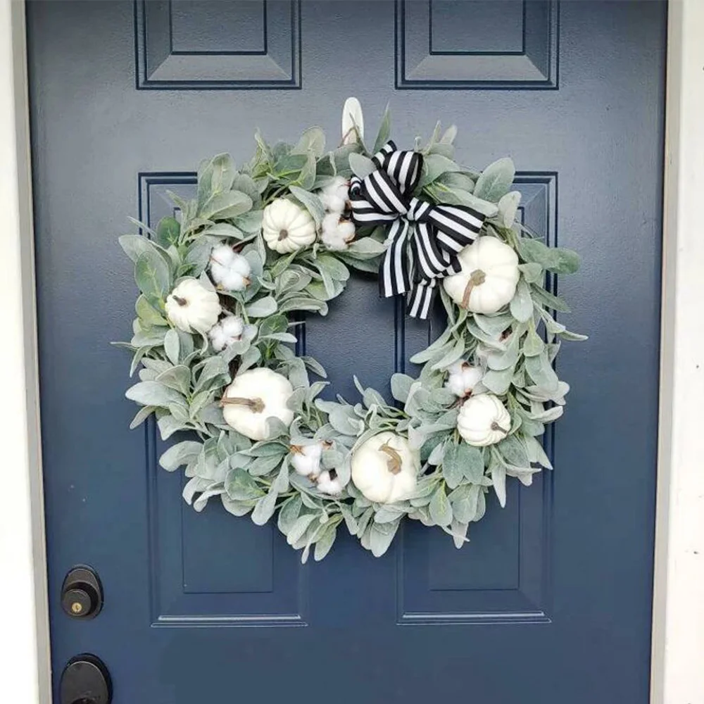 White Pumpkin Wreath Door Hanging Home Holiday Decorations