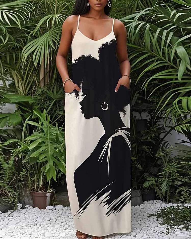 Artistic Black Woman Side Portrait Print V-Neck Cami Dress