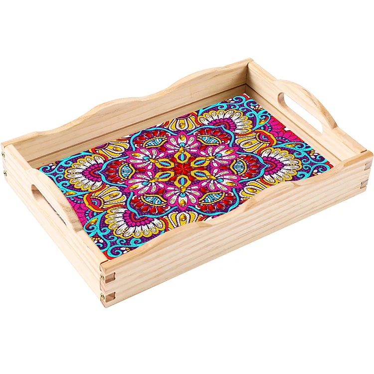 Wooden Pattern 5D DIY Diamond Painting Serving Tray with Handle for Coffee Table